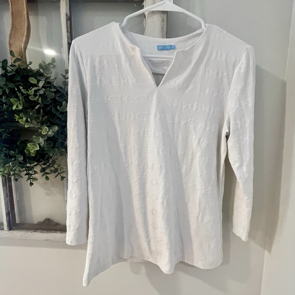 J. McLaughlin White Carly Chainlink Catalina Cloth Split V Neck Top‎ Size M